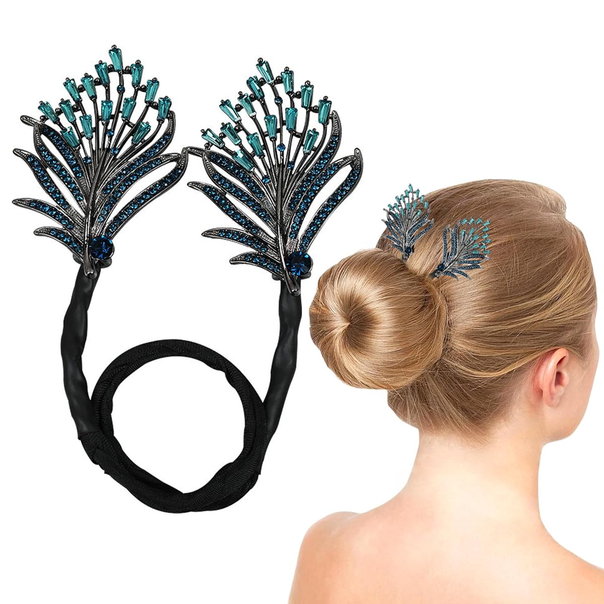 PALAY® Hair Bun Accessories for Women Girls Magic Bun Maker for Hair Bun Shaper Elegant Rhinestone Feather Hair Bun Clips for Women Daily, Party, Wedding