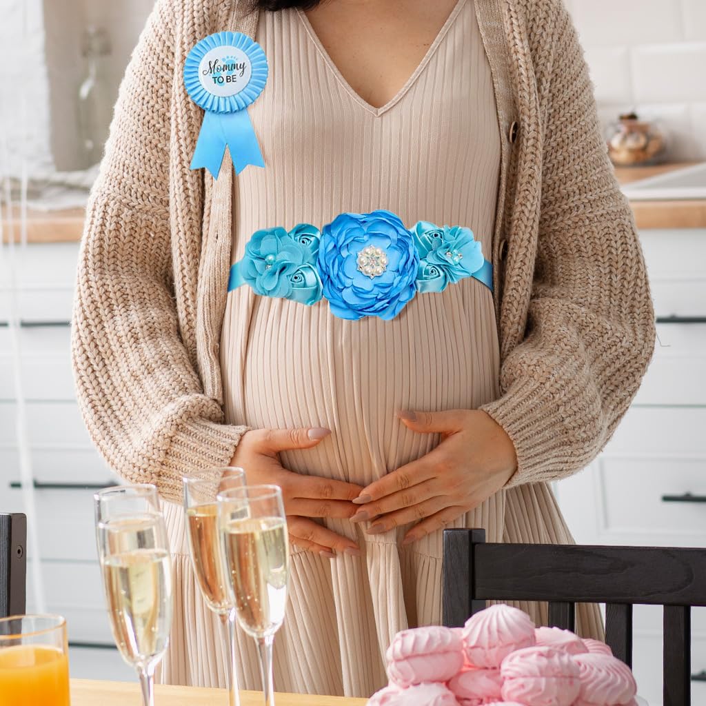 PALAY Mom to Be Flower Sash Set for Baby Shower with 70 in Belt and Blue Chiffon Flowers | Daddy to Be and Mommy to Be Pins