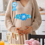 PALAY Mom to Be Flower Sash Set for Baby Shower with 70 in Belt and Blue Chiffon Flowers | Daddy to Be and Mommy to Be Pins
