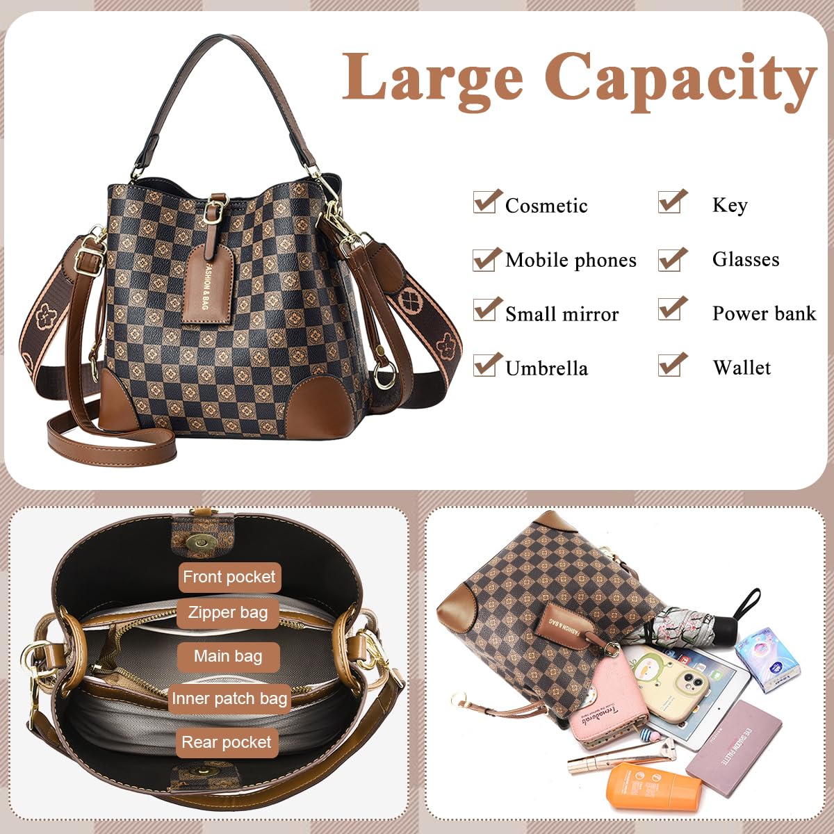 PALAY Cross Body Bag for Women with Two Adjustable Straps and PU Leather Bucket Design