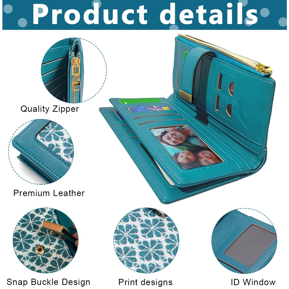 PALAY Wallet for Women with 20 Card Slots and Snap Buckle | Blue PU Leather Embroidered Purse