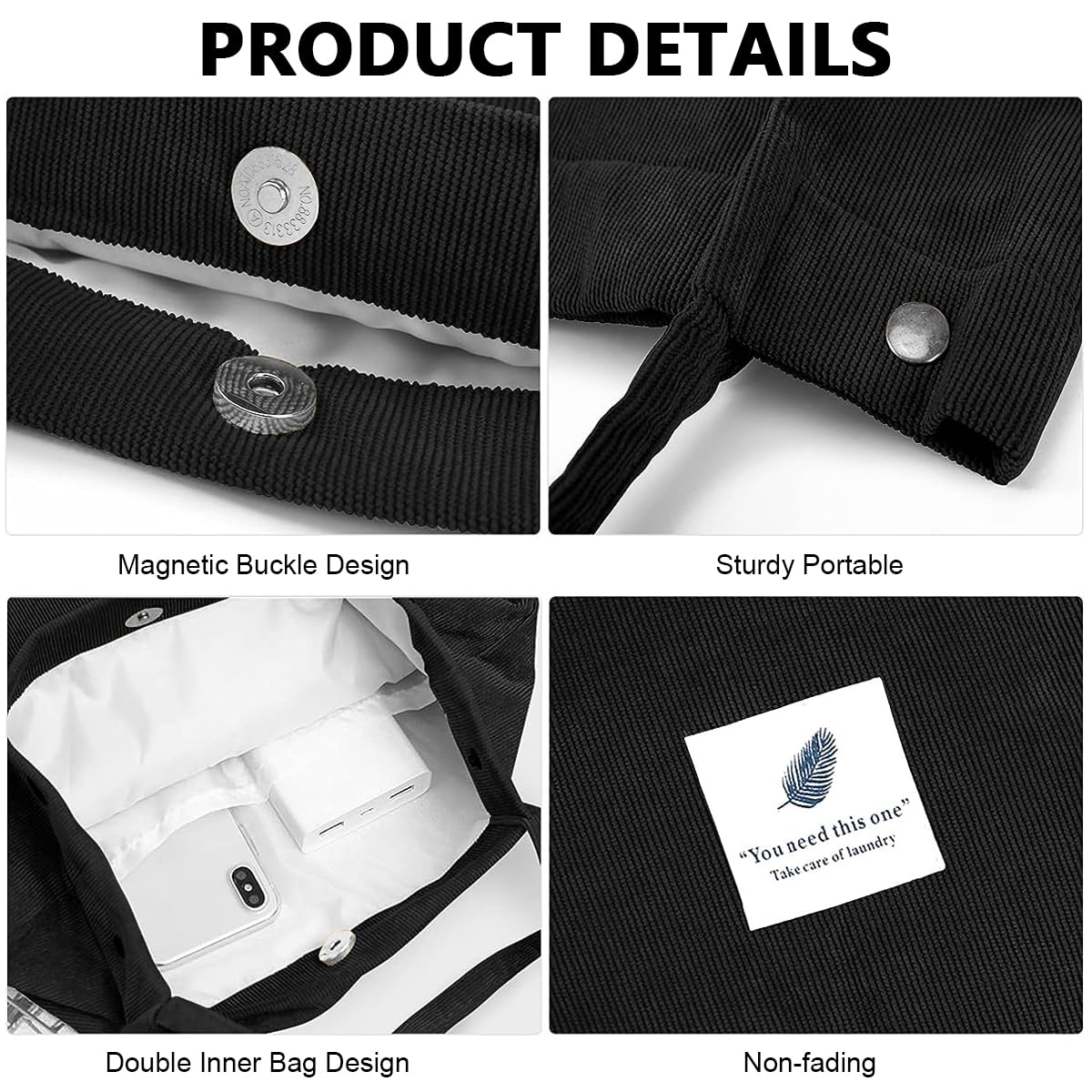 PALAY Tote Bag for Shopping and Daily Use featuring Snap Button Closure | Corduroy Black 39x12x35cm
