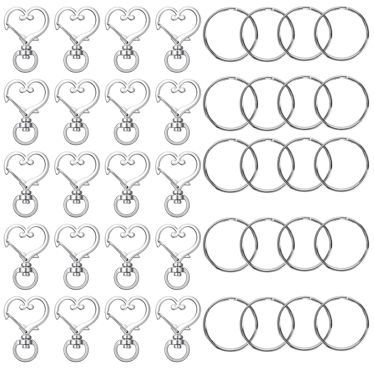 PALAY® 20Pcs Key Ring Heart-Shaped Silver Clasps, Swivel Design Keychain Hook, Zinc Alloy Keyring Hooks Zinc Alloy Buckles for DIY Bag Charms, Craft Making Kit & Accessories