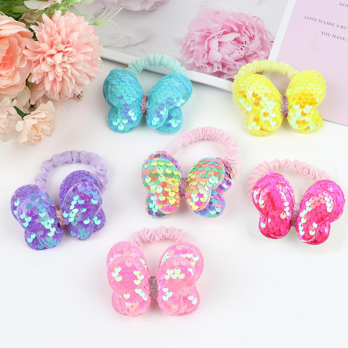 PALAY Hair Bow Scrunchies featuring Glitter Sequins and Butterfly Accents for Girls | 6pcs Set