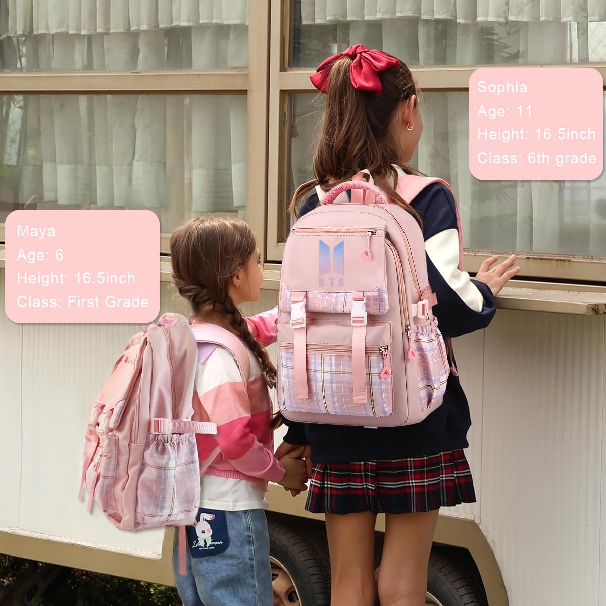 PALAY® BTS Backpack for School Girls 6-12 Years Old Teens Fashion Checked Print BTS School Backpack Large Multi Layer Book Bag Travel Backpack for Teens Students School Gift for Girls, Pink