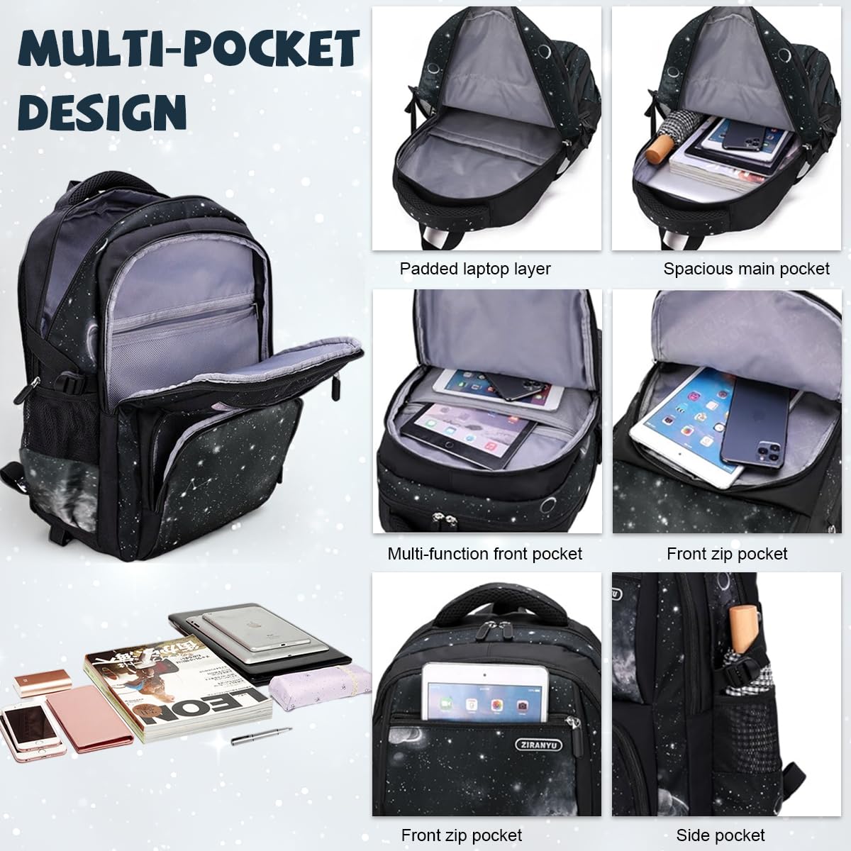 PALAY Starry Sky 6-Wheel Trolley School Backpack with Detachable Trolley