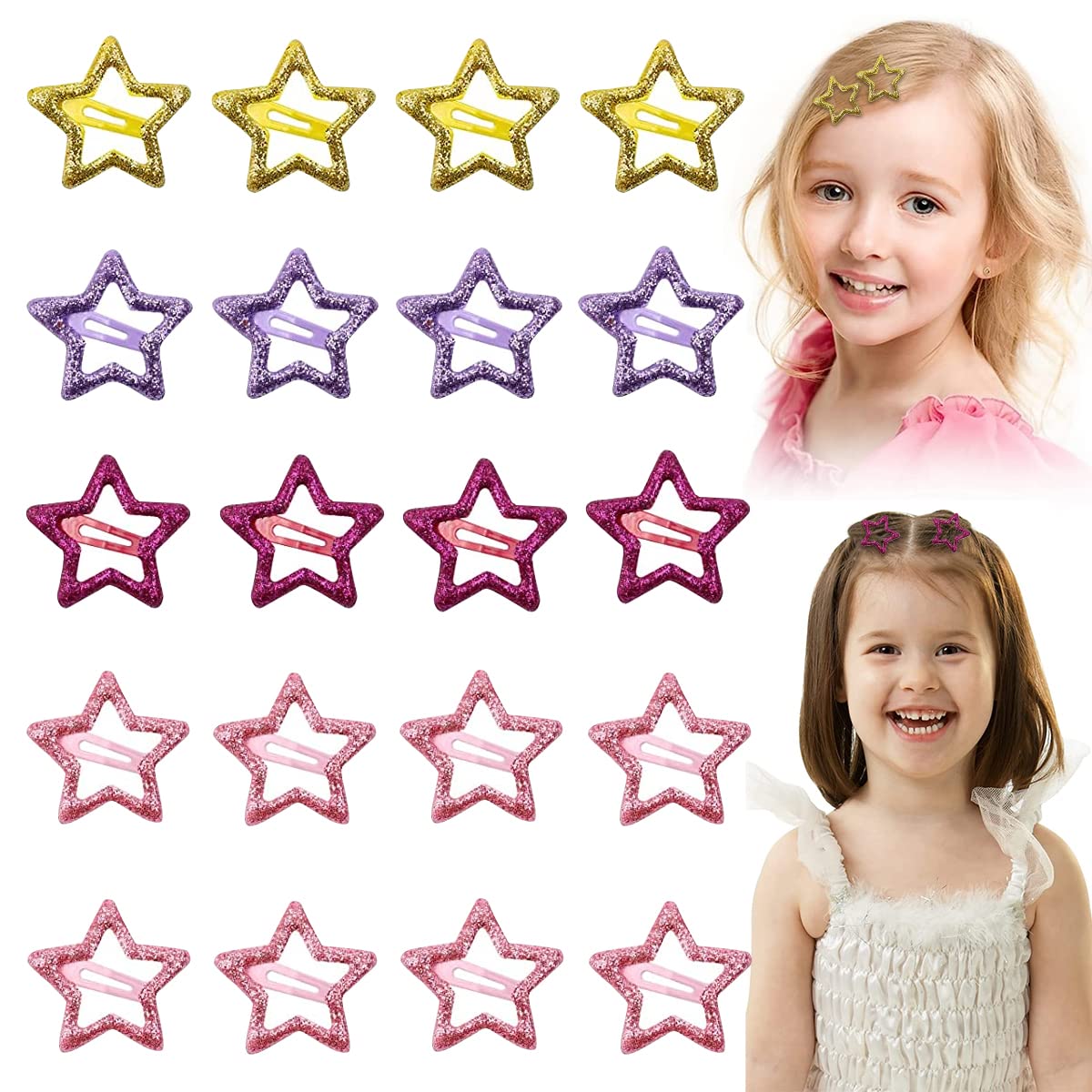 PALAY® Snap Hair Clips For Girls Kids, 20Pcs Shining Stars Metal Hair Barrettes Non-Slip Colorful Cute Hair Accessories For Toddlers Teen Girls, Multi-Colour