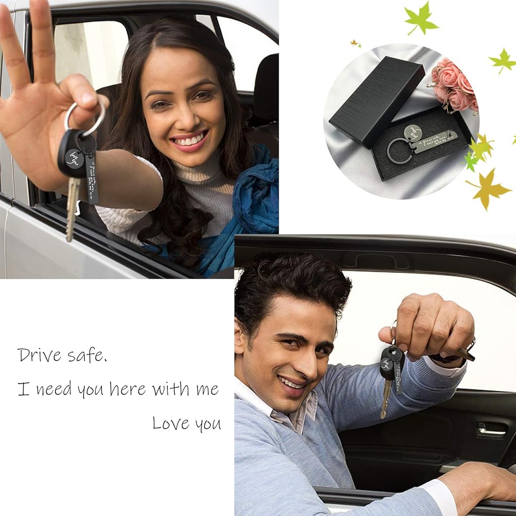 PALAY® Metal Drive Safe Keychain For Boyfriend With Gift Box- Drive Safe I Need You Here With Me I Love You Keychain Gifts For Husband Boyfriend Birthday Gifts (Black)