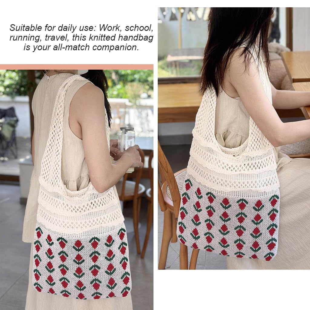 PALAY Knitting Tote Bag for Everyday Use with Patchwork Handle and Fringe | Beige 27.9 x 37.8 x 2 cm