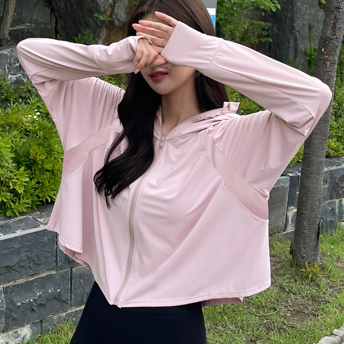 PALAY Sun Protection Jacket for Women UPF 50 Plus with Wide Brim Cap and Full Zip Hoodie | Lightweight Pink 3 PCS Set