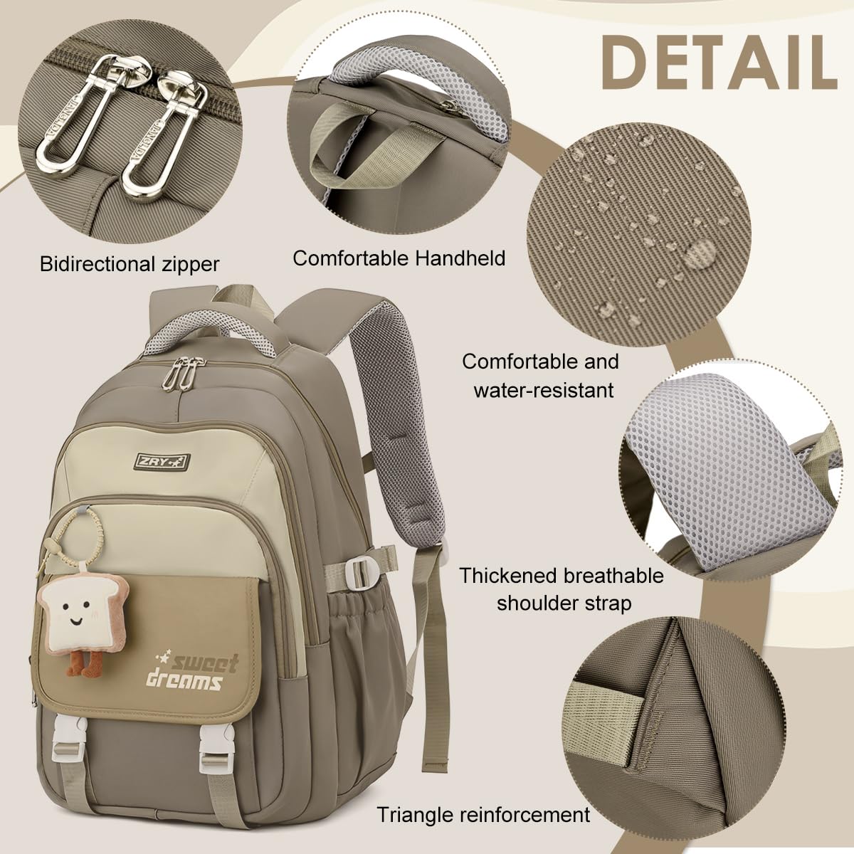 PALAY School Backpack for Girls with 3 Zip Compartments and Padded Straps | Khaki Nylon