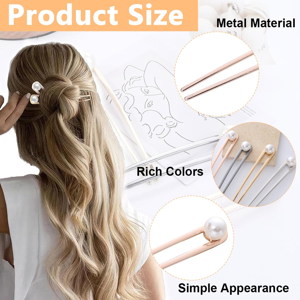 PALAY® 4pcs Large Pearl Hair Stick for Buns, Metal Juda Pin U Pin for Hair, 5.8in Long Hair Pins for Women Stylish Chignon Hair Bun Stick Hair Bun Accessories Girls Gift