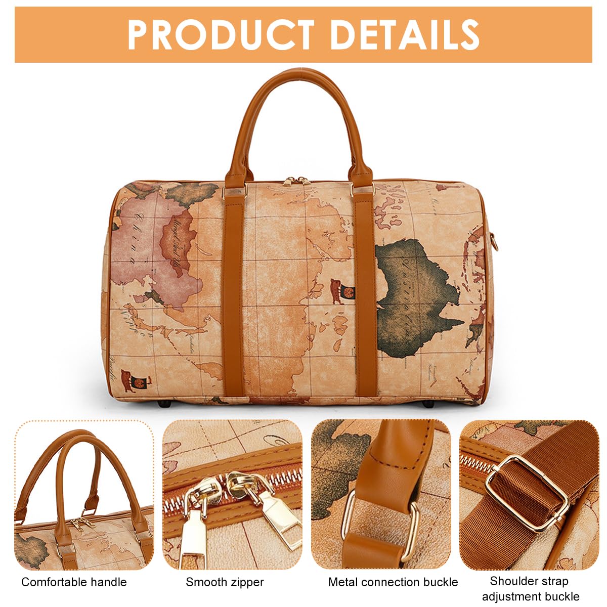 PALAY Tote Bag for Travel with 48x24x30cm Capacity featuring Removable Strap and Waterproof PU | World Map Retro Print