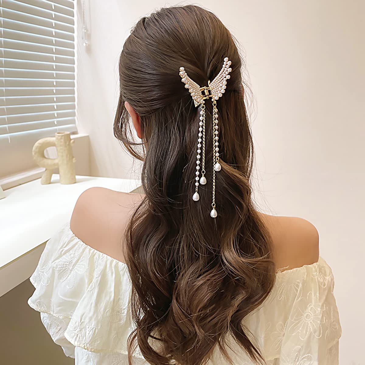 PALAY® Hair Clips for Women Pearl Metal Butterfly Claw Clip with Tussle Elegant Clutcher for Women Hair Korean Style Cute Hair Accessories for Women, Girls