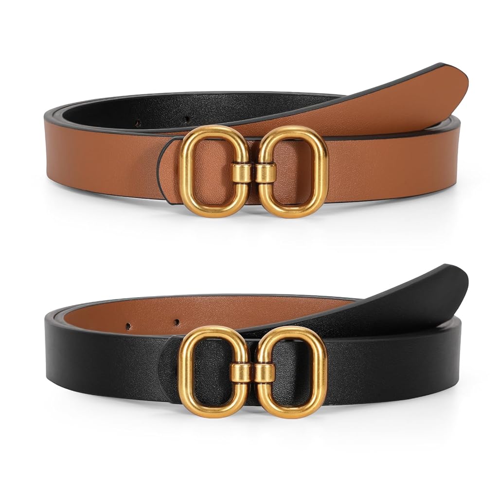 PALAY® Woman Belt for Women Jeans, Brown and Black Belt for Women Dresses, Fashion Slim Ladies PU Belts, Chic Gold Metal Loop Buckle