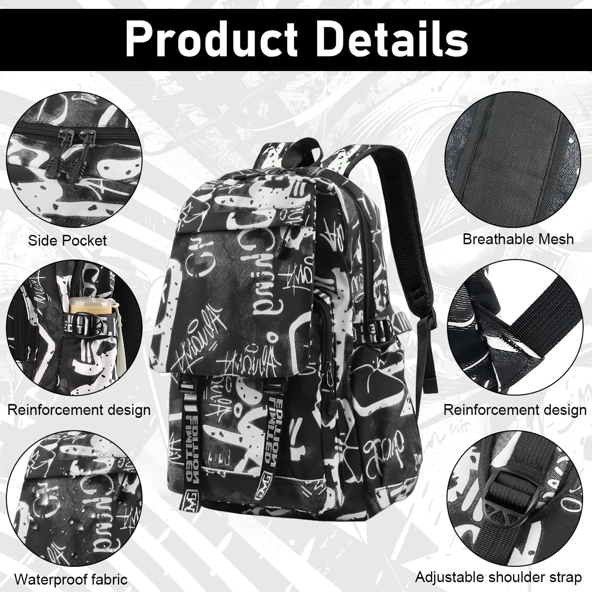 PALAY® Travel Backpack Casual Backpack Nylon Backpack School Students Backpack Lightweight Fashion Graffiti Print Black Backpack Outdoor Travel Backpack Laptop Backpack