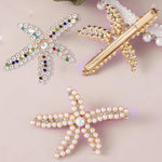 PALAY® 3pcs Starfish Hair Clips for Women Stylish Latest Rhinestone Pearls Hair Clip Sea Star Crystal Headpiece Shining Gold Alloy Wedding Hair Acccessories for Girls Bride