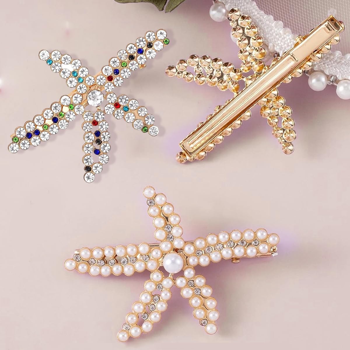 PALAY Starfish Hair Clips for Women with Rhinestones and Pearls 3pcs Set | Wedding Accessory