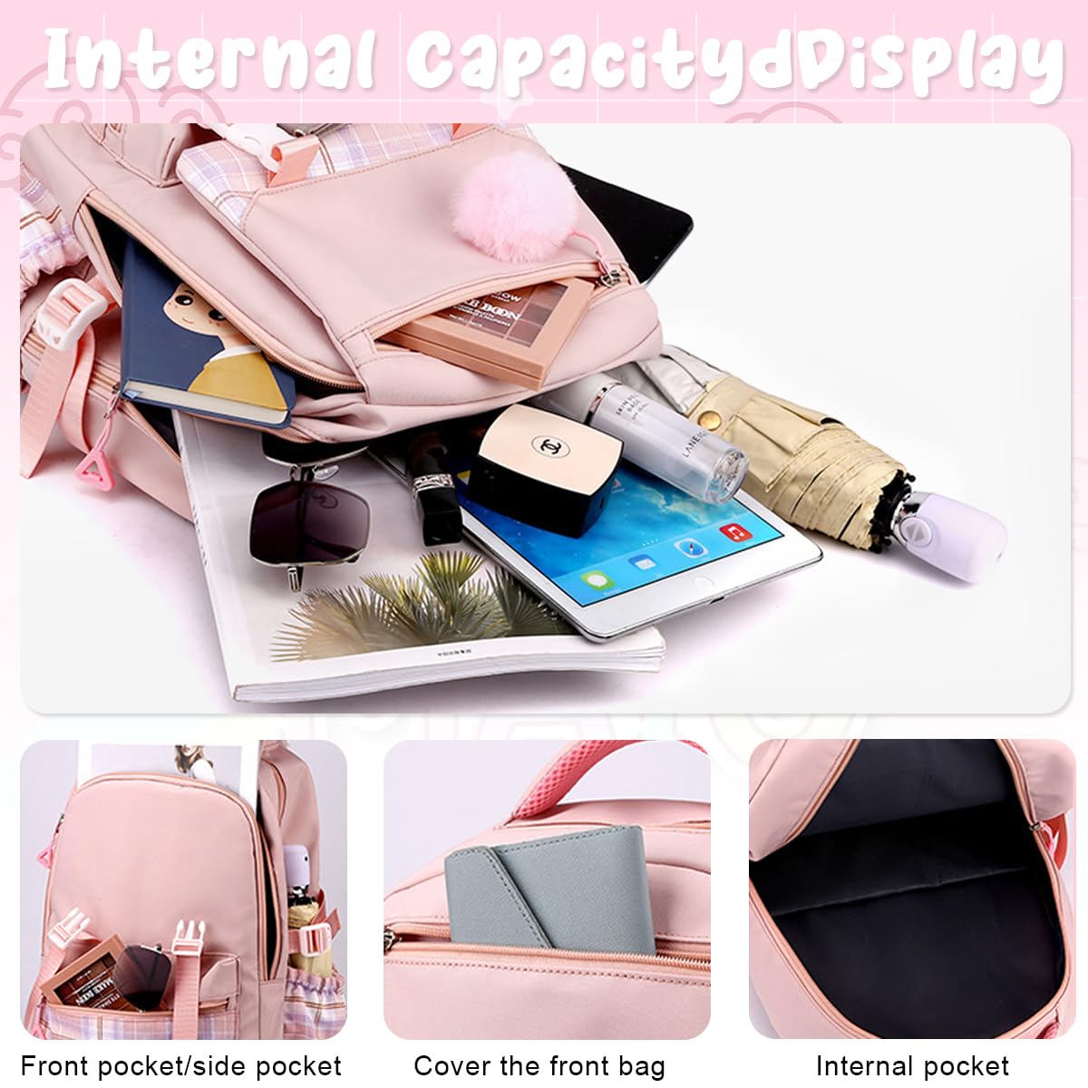 PALAY® BTS Backpack for School Girls 6-12 Years Old Teens Fashion Checked Print BTS School Backpack Large Multi Layer Book Bag Travel Backpack for Teens Students School Gift for Girls, Pink