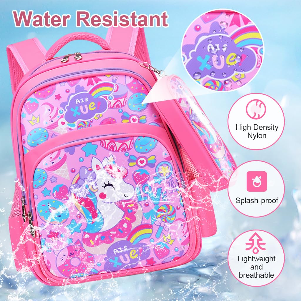 PALAY® School Backpack Pencil Pouch Pink Unicorn Print School Backpack for Schoolgirls, Waterproof Backpack for School, Travel, Camping Burden-relief Backpack School Gift for Kids 6-8Years Old