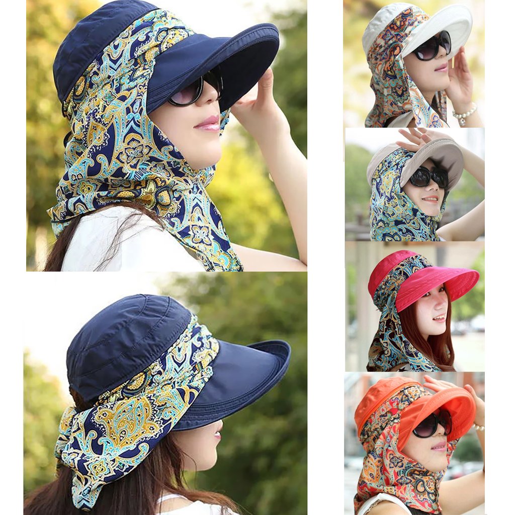 PALAY® Hats for Women UPF 50+ Anti-UV Wide Brim Foldable Sun Visor Hat With Detachable Top & Neck Scarf, Large 14cm Brim, Lightweight Canvas Fabric, Summer Beach Outdoor Protection ( Floral) 3 PCS
