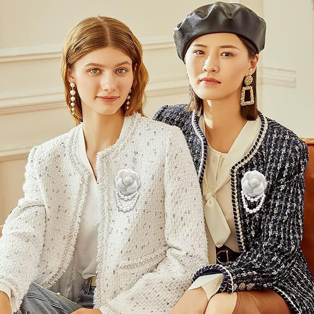 PALAY Camellia Flower Brooch for Women with Fabric Petals and Pearl Tassel | Elegant Gift