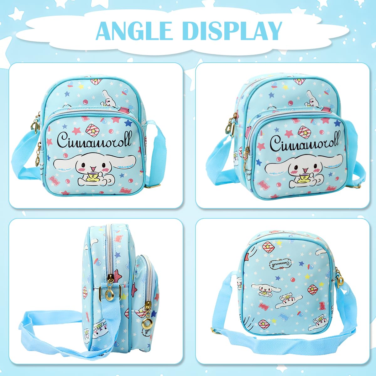 PALAY Cinnamoroll Crossbody Bag for Girls with 2 Zipper Pouches 18x10x20cm Blue | Removable Strap