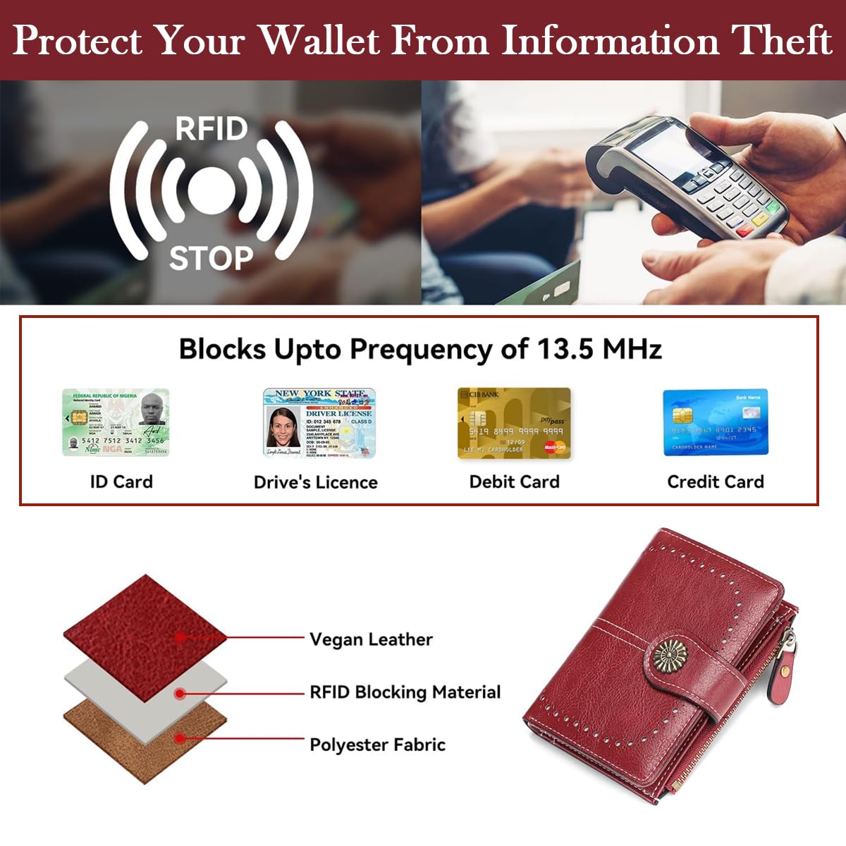 PALAY Small Wallet for Women with 10 Card Slots and Zipper Coin Pocket | PU Leather Red Purse