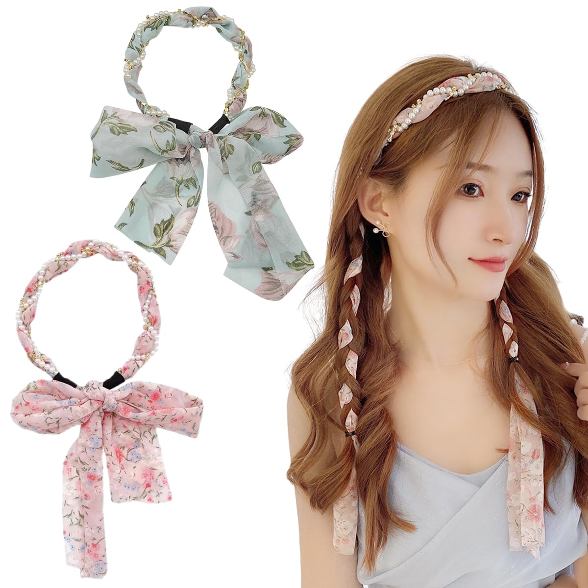 PALAY Ribbon Hair Band for Women with Braided Design and Pearl Floral Prints | 2Pcs Set