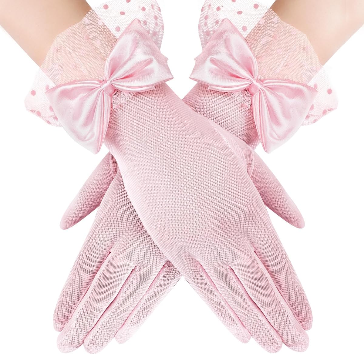 PALAY Lace Gloves for Wedding and Party with Satin Bow and Polka Dot Cuff | Pink Mesh Elegance
