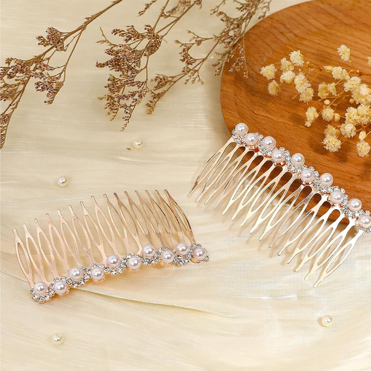 PALAY® 2Pcs Pearl Hair Comb Pins Women Pearl Rhinestone Hair Pin Side Hair Comb Pin Women Rose Golden Alloy Pearl Rhinestone Bridal Hair Accessories Hair Pins