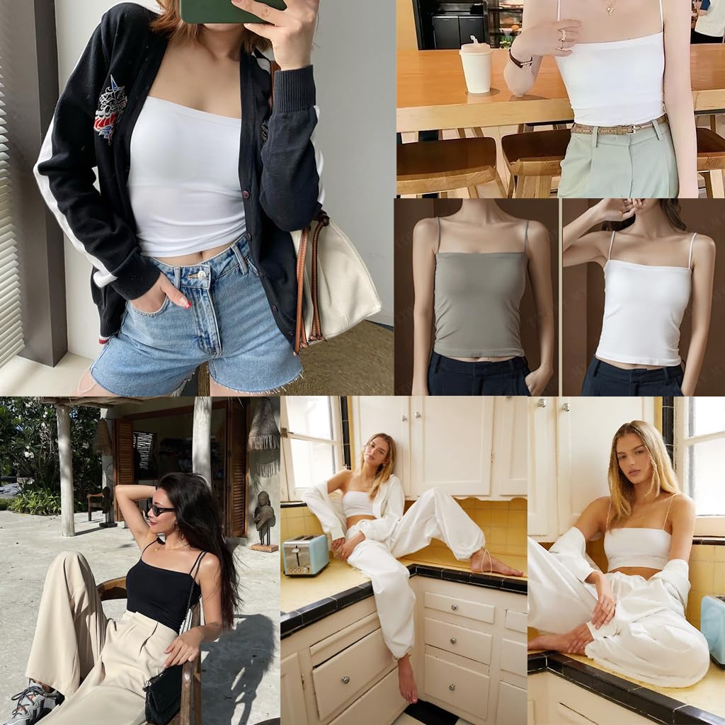 PALAY Women's Seamless Tank Top with Built in Bra featuring Cotton Spaghetti Straps in White