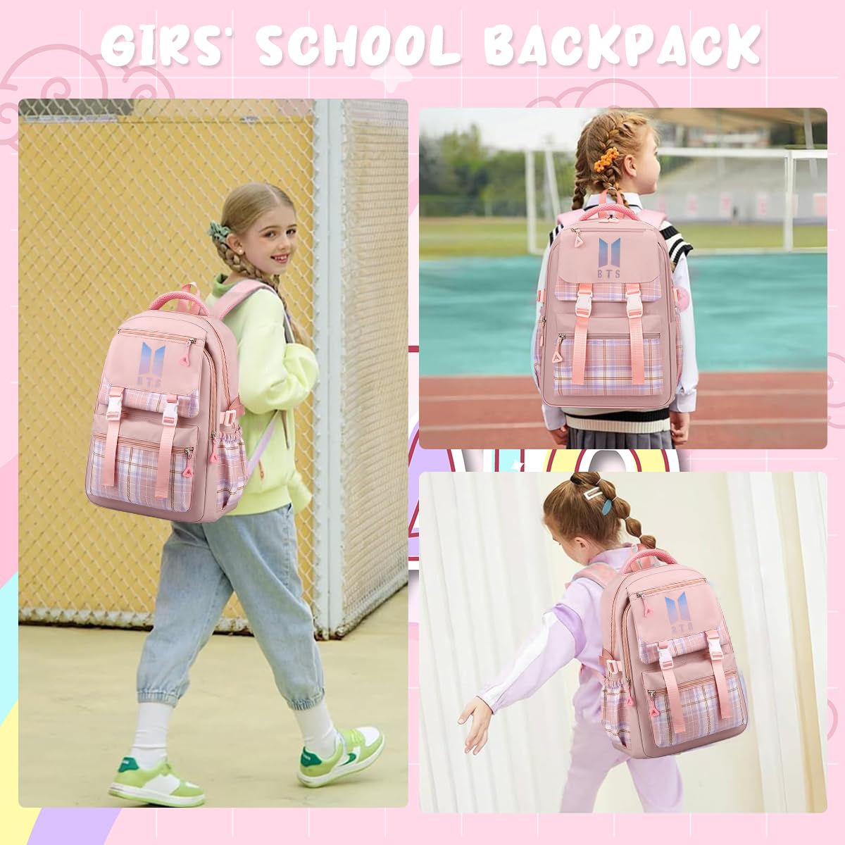 PALAY® BTS Backpack for School Girls 6-12 Years Old Teens Fashion Checked Print BTS School Backpack Large Multi Layer Book Bag Travel Backpack for Teens Students School Gift for Girls, Pink