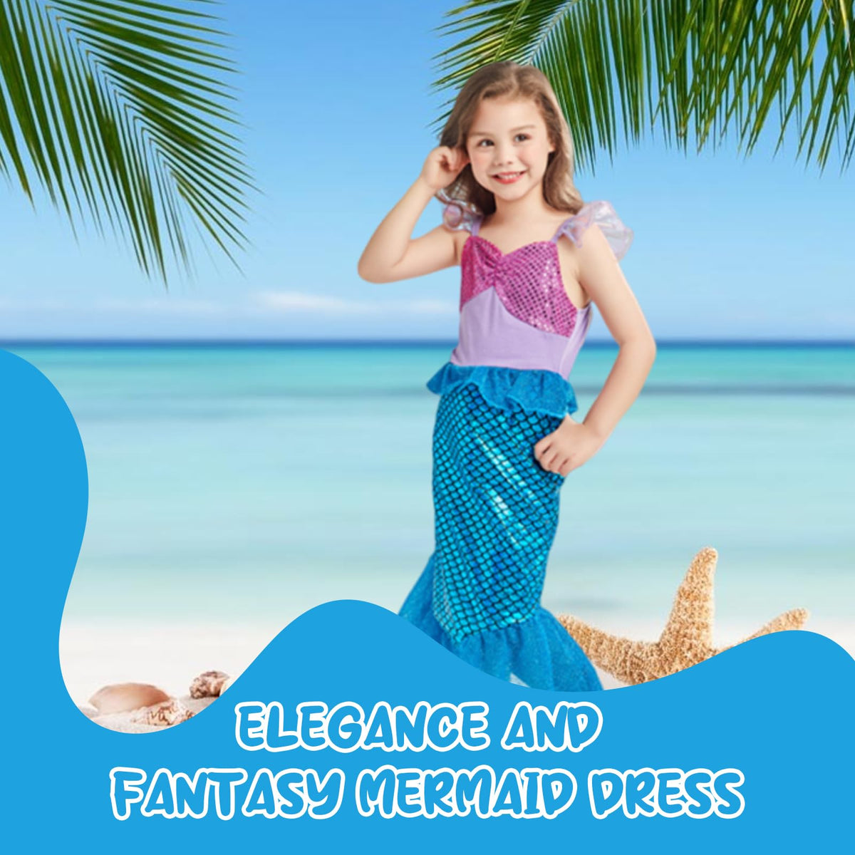 PALAY Mermaid Dress for Girls with Mermaid Tail Design and Matching Bag Gift 5‑6 Years