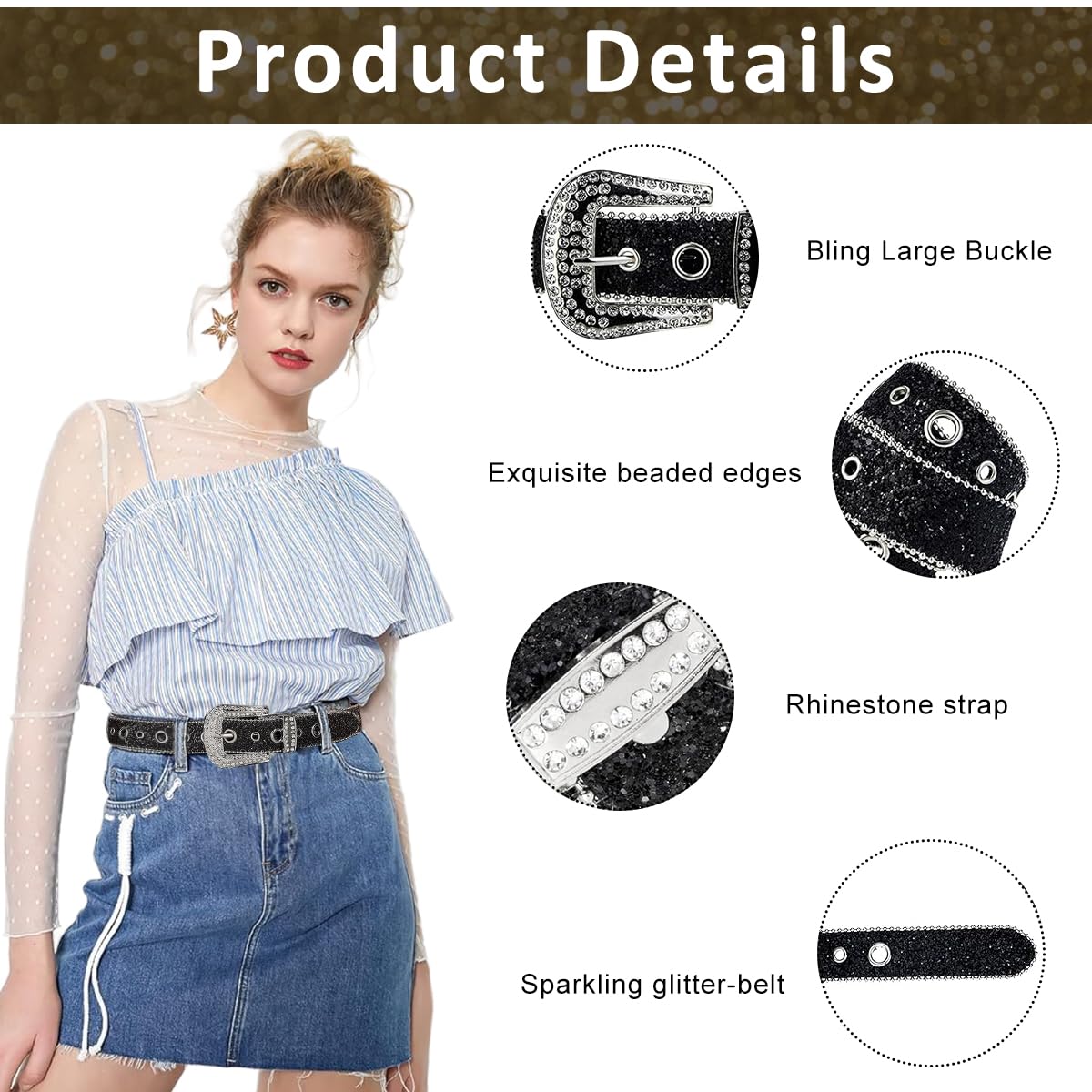 PALAY Waist Belt for Women featuring Sparkling Rhinestones and 44 in Adjustable Eyelets | Black Leather Style
