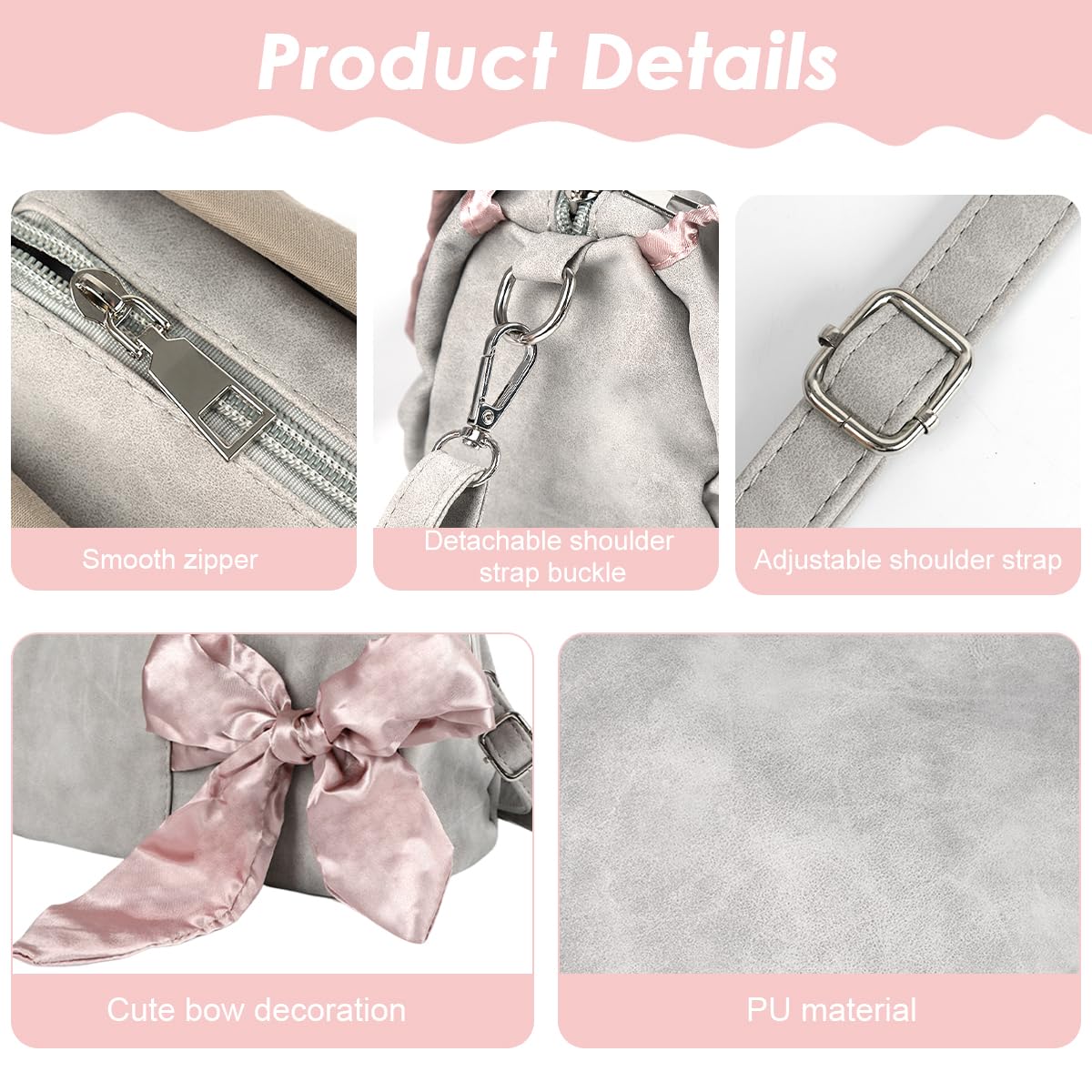 PALAY Handbag for Woman featuring 21x10x14cm compact size with zippered strap & PVC body | Grey Pink Bow Shoulder Bag