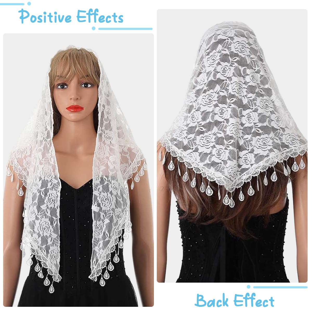 PALAY Mass Veil for Women featuring Triangle Lace Shawl with Embroidered Roses and Tassel Hem | White Church Head Covering
