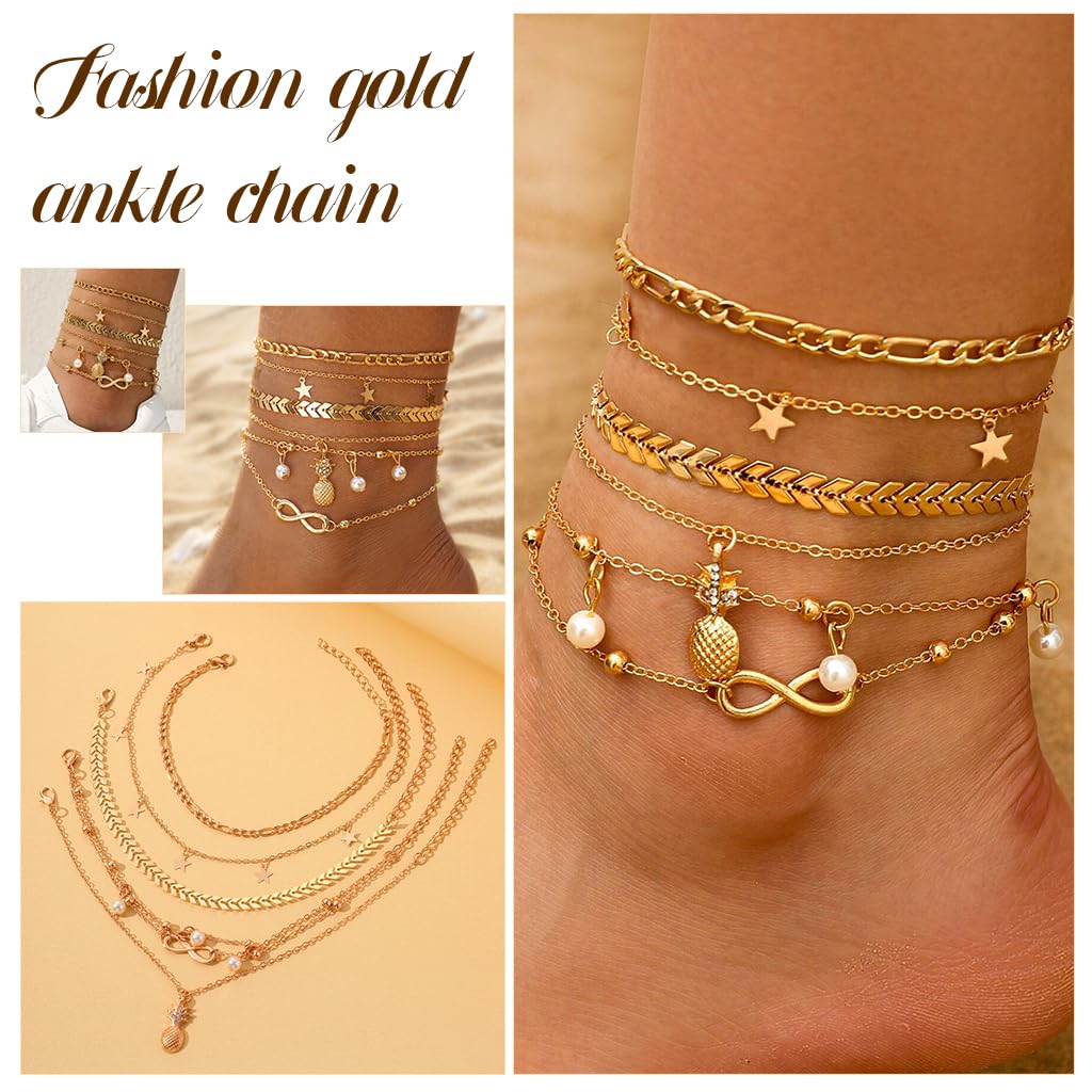 PALAY® Tobilleras bañadas en oro de 14 quilates para mujer, impermeables, pulseras de tobillo para mujer, pulseras de tobillo de eslabones cubanos de espiga para mujer, juego de tobilleras
