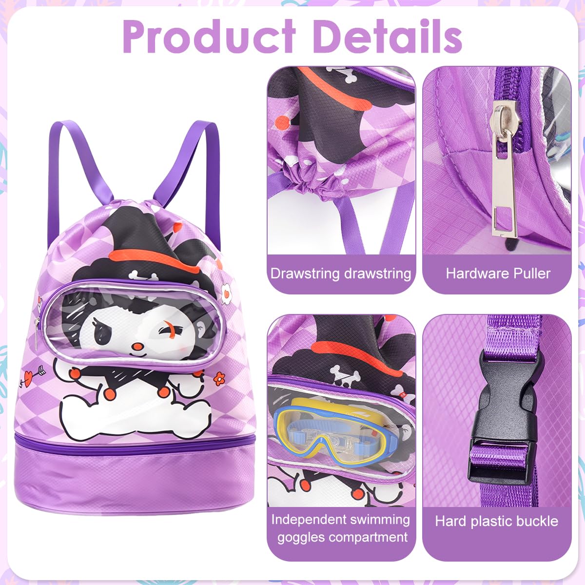 PALAY Swimming Drawstring Bag for Girls with Shoe Compartment and Clear Goggle Pouch 26x13x40cm | Waterproof Quick Dry Polyester