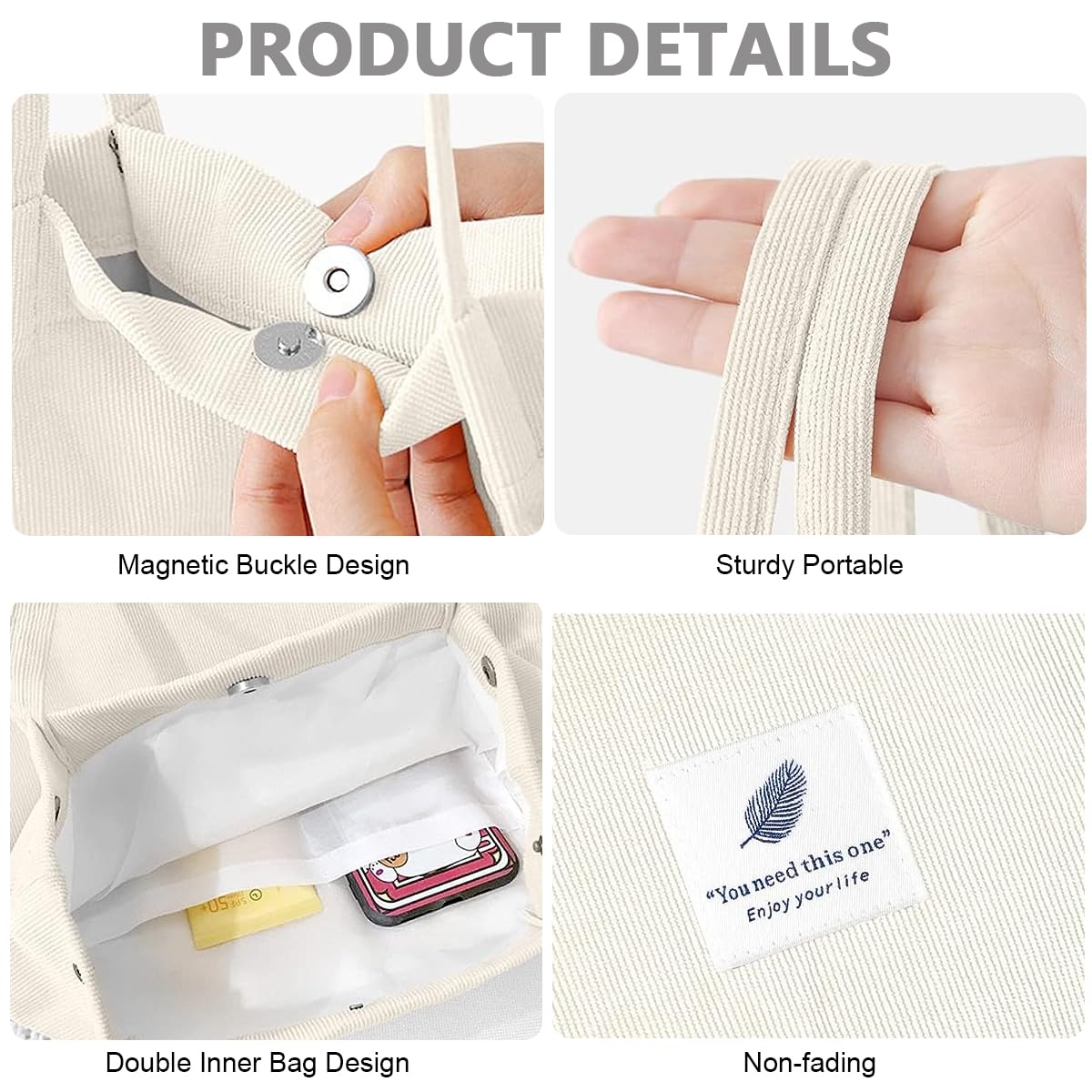 PALAY Tote Handbags for Women featuring Large Capacity Canvas Corduroy Design | White Shoulder Bag for Daily Use