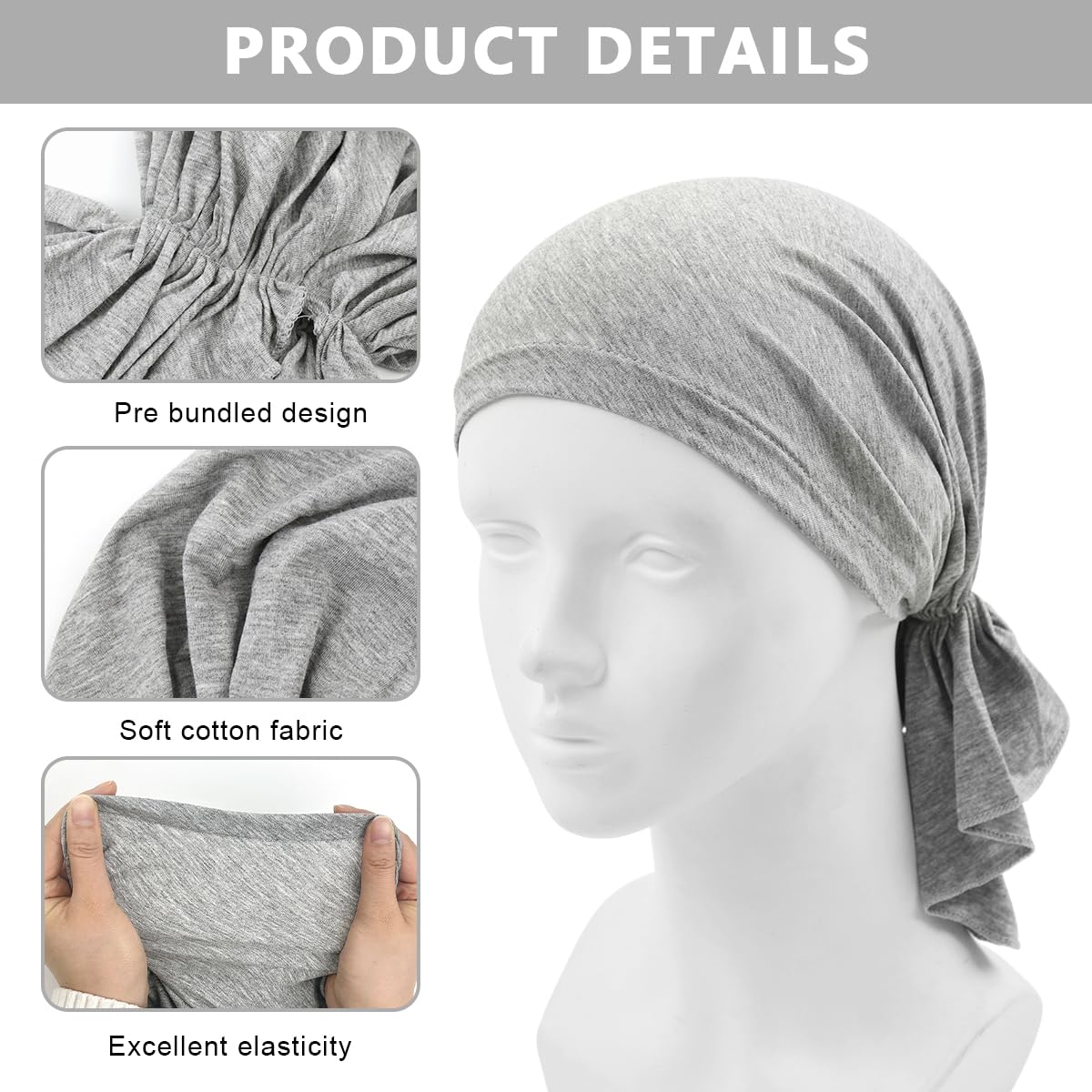 PALAY Stretchy Head Scarf for Women with Pre-Tied Wrap and Soft Modal Cotton | 2 PCS Grey