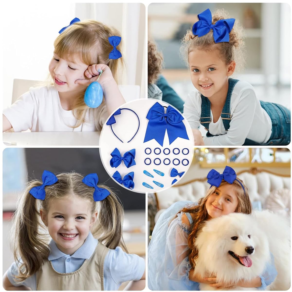 PALAY® Girls Bow Hairband Set of 20pcs, Hair Bows for Kids Girls, Bowknot Hair Clips Hair Ties Hair Accessories Kit for Toddlers, School Girls - Royal Blue