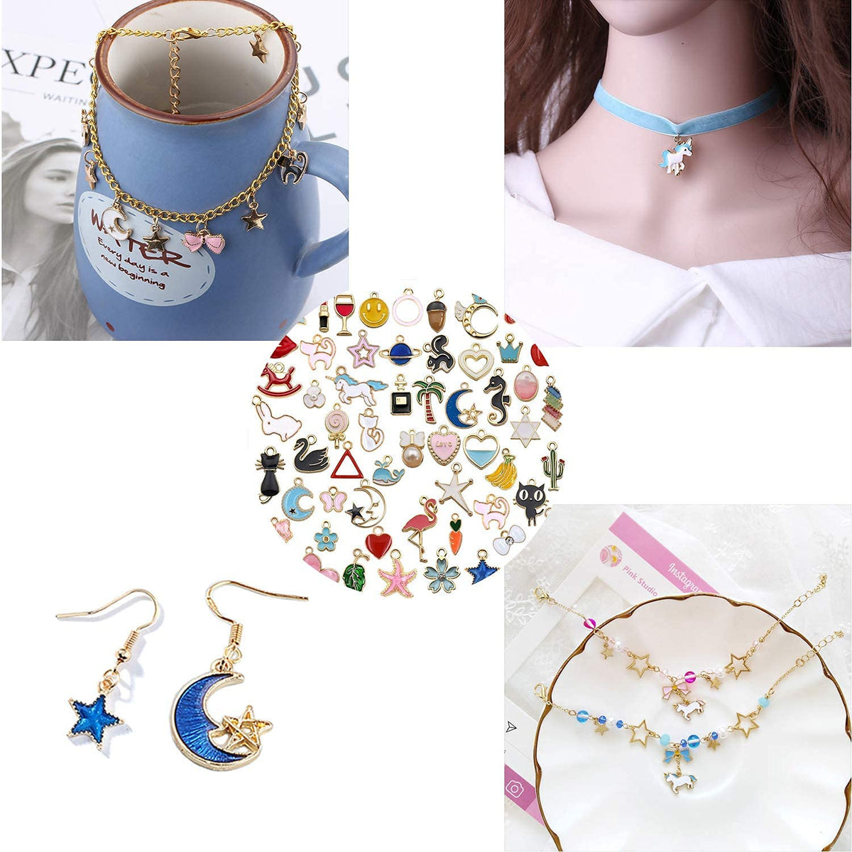 PALAY Charms for Bracelet Making featuring Gold Plated Enamel Animal Moon Star Designs 120PCS