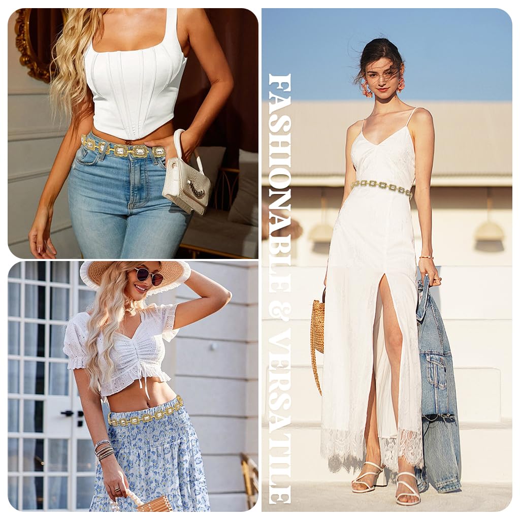 PALAY Belt for Women featuring Adjustable Metal Concho Chain and Crystal Accents in Gold