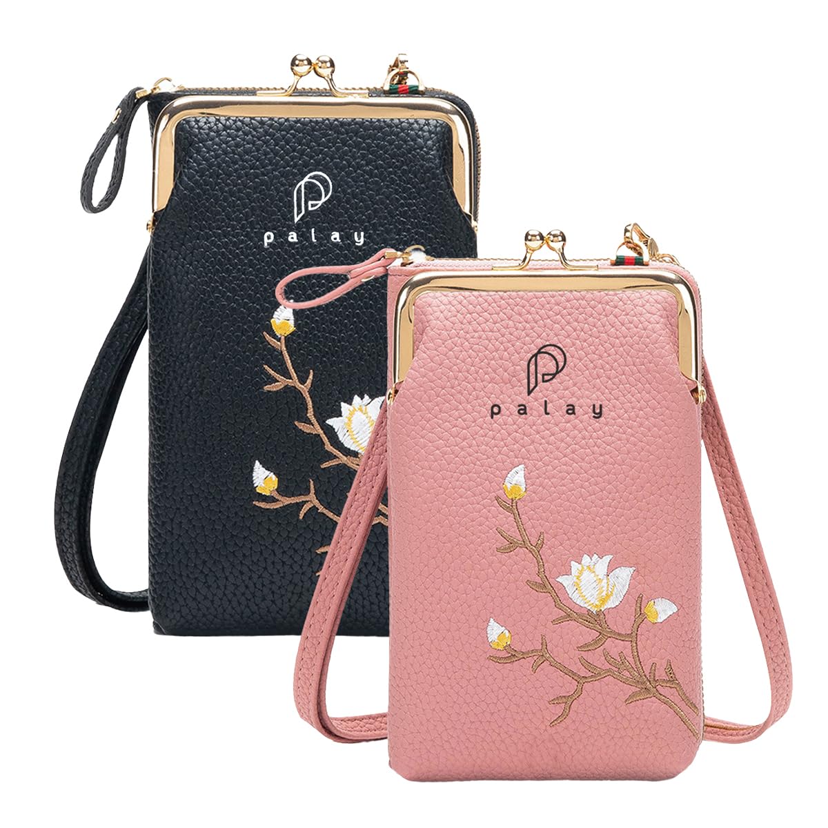 PALAY Women Mini Crossbody Phone Bags for Everyday Use with 6 Card Slots and Smooth Zippers | Pink and Black PU Leather Set