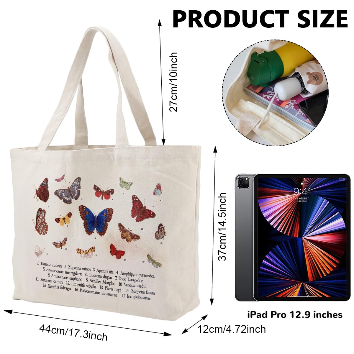 PALAY® Canvas Tote Bag Large Bookbag Creative Butterfly Print Tote Bag Zip Lock Grocery Bag Shopping Bag Reusable And Washable Canvas Hand Bag For Girls Women,Beige