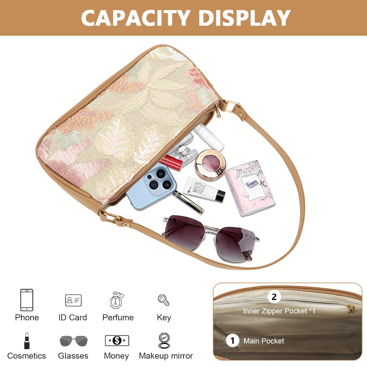 PALAY Shoulder Bag for Women with Beaded Floral Sequin Design 28x6x15cm | Elegant Evening Handbag