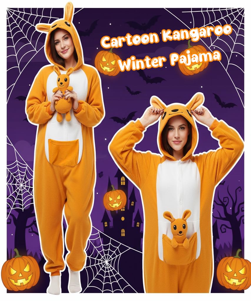 PALAY Cartoon Kangaroo Winter Pajama for Women with Hood and Pocket | Soft Polar Fleece Lounge Sleepwear