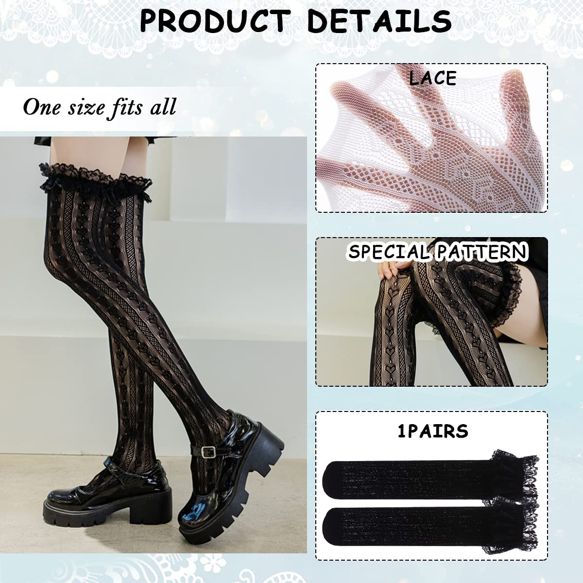 PALAY Lace Knee Length Socks for Women featuring 22.44 in Length and Ruffled Mesh | Black One Pair