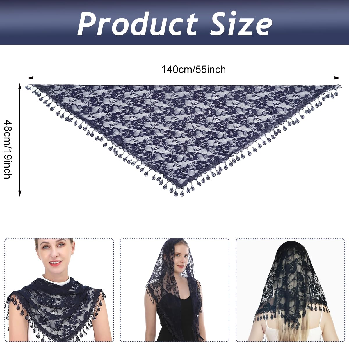 PALAY® Lace Mantilla Mass Veil Triangle Head Scarf for Women Tassle Rose Jacquard Church Veil Cathedral Headwear Head Covering for Ladies - Navy Blue